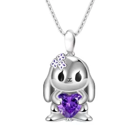 Cute Heart-shaped Purple Crystal Bunny Pendant Necklace